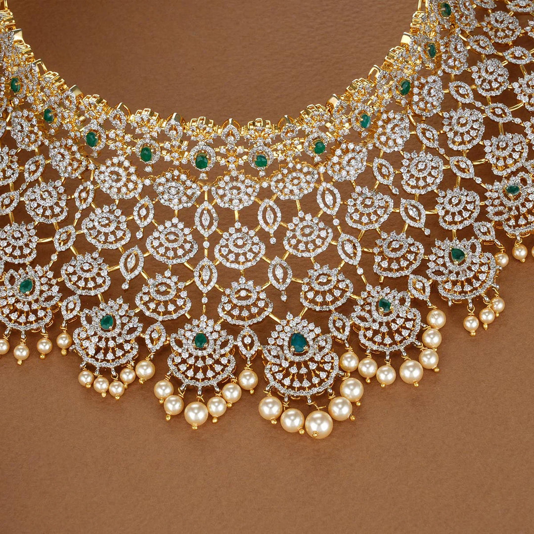 92.5 Silver Grand Look Avikam Choker In CZ Semi Precious Stones With Dangling Pearls