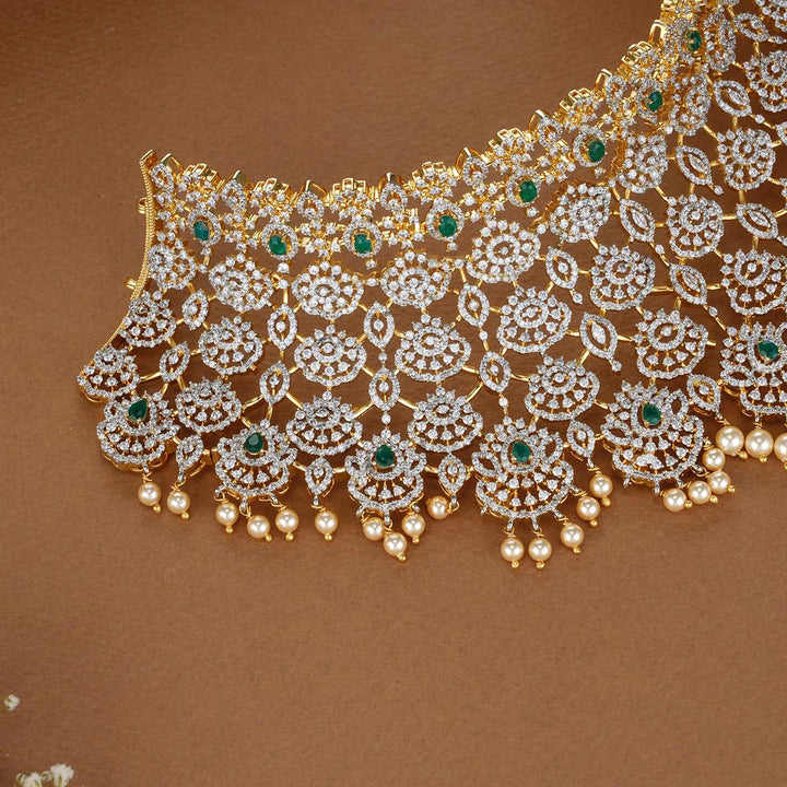 92.5 Silver Grand Look Avikam Choker In CZ Semi Precious Stones With Dangling Pearls