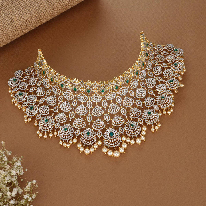 92.5 Silver Grand Look Avikam Choker In CZ Semi Precious Stones With Dangling Pearls