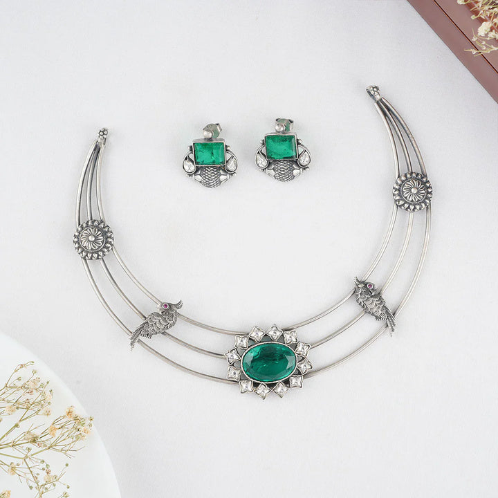 92.5 silver oxidized Necklace Set, Studded with Semi-Precious Stones.