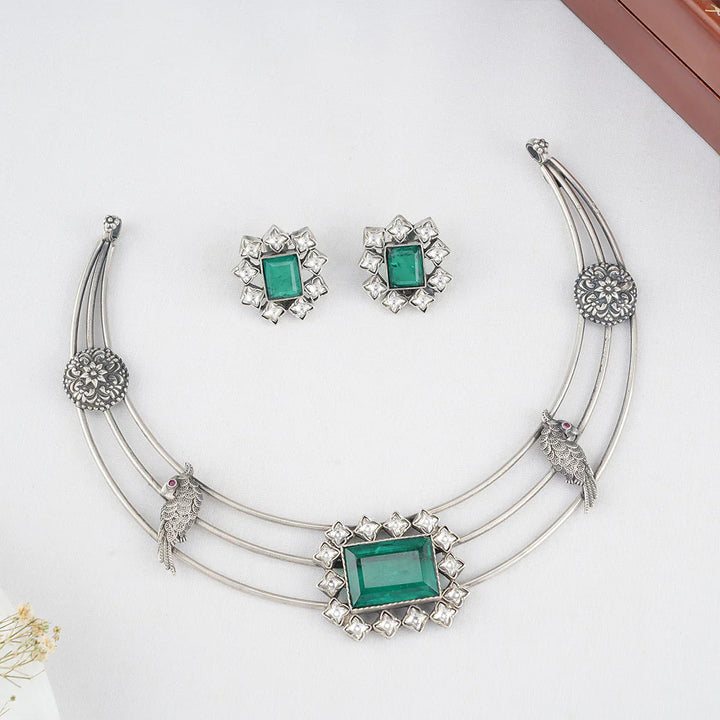 Pure 92.5 Silver Oxidized Necklace with Semi-Precious Stones | Shobitam