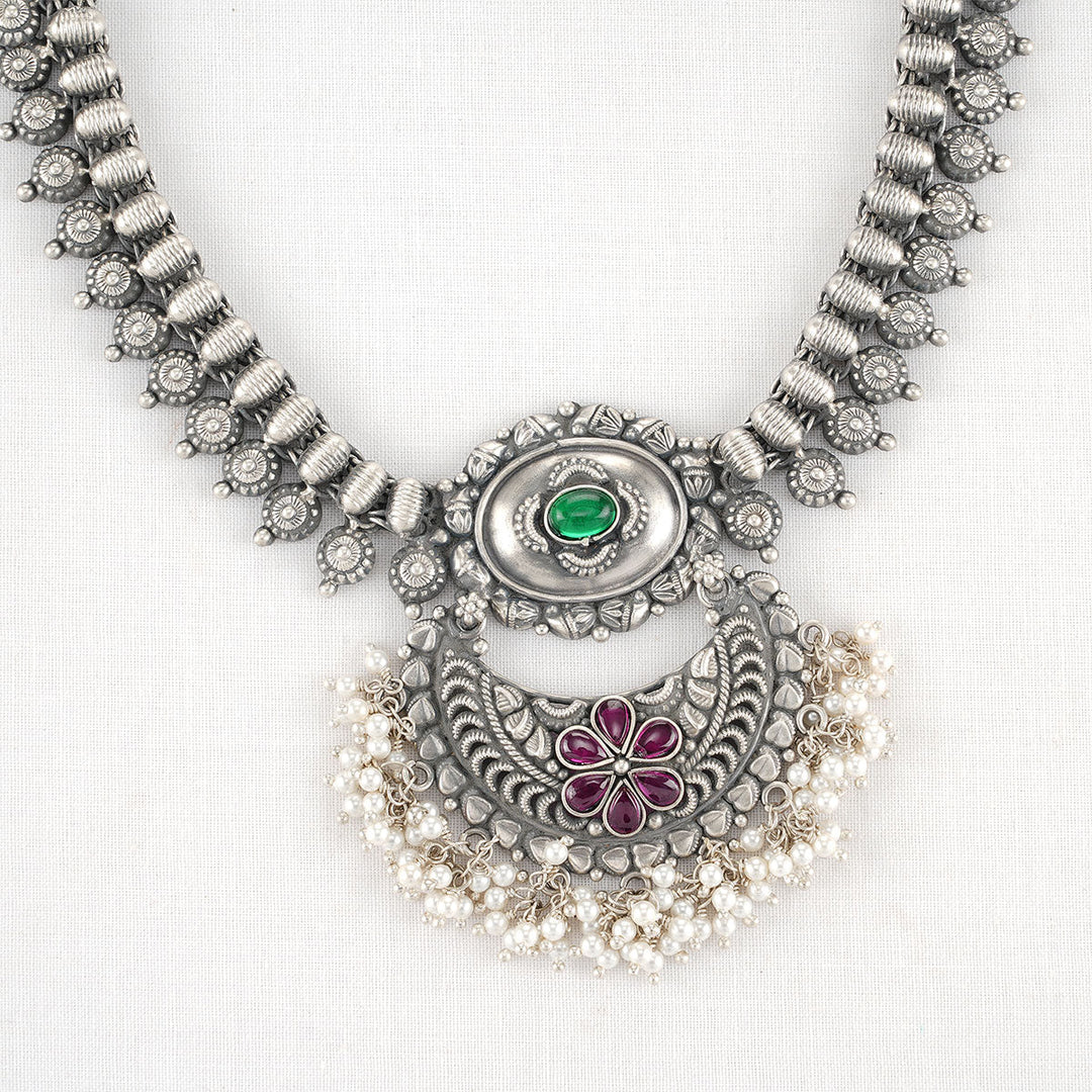 92.5 silver oxidized Necklace Set, Studded with Semi-Precious Stones.