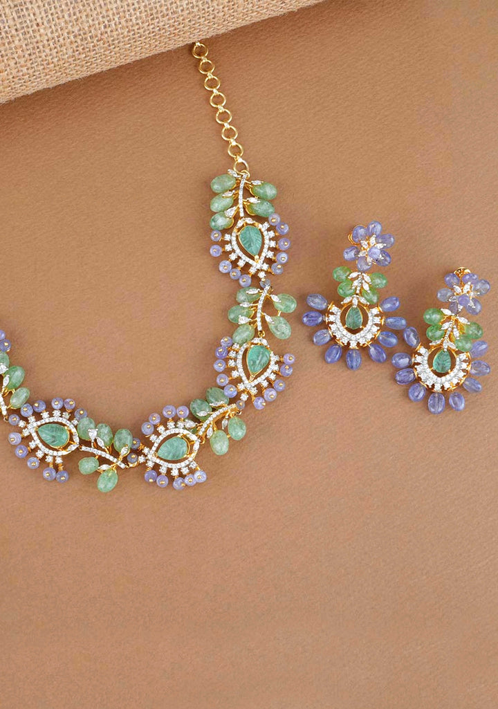 92.5 Silver 24 Ct Gold Sage and Wisteria Diamond Look Necklace Set