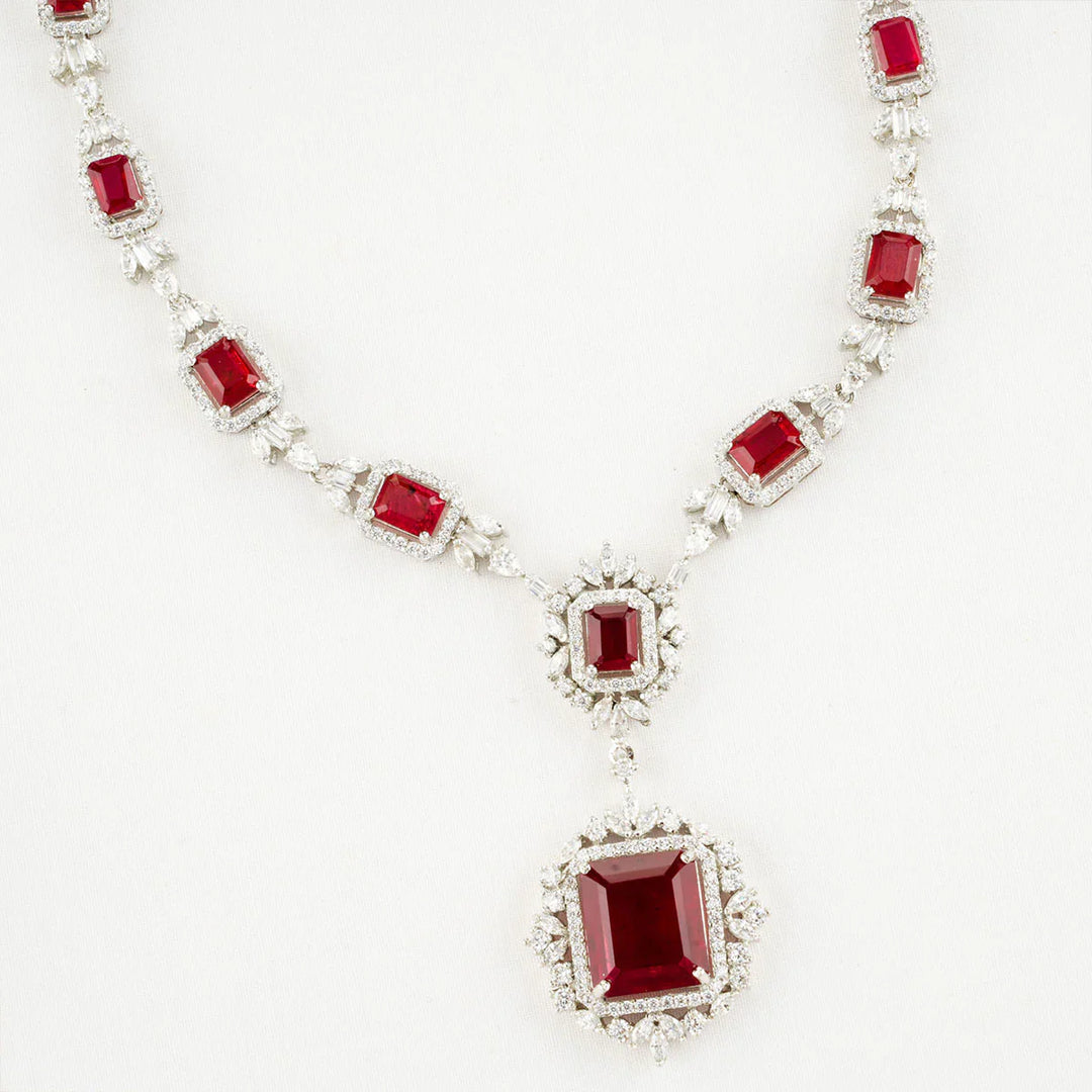 92.5 Silver CZ Studded Rubina Necklace Set