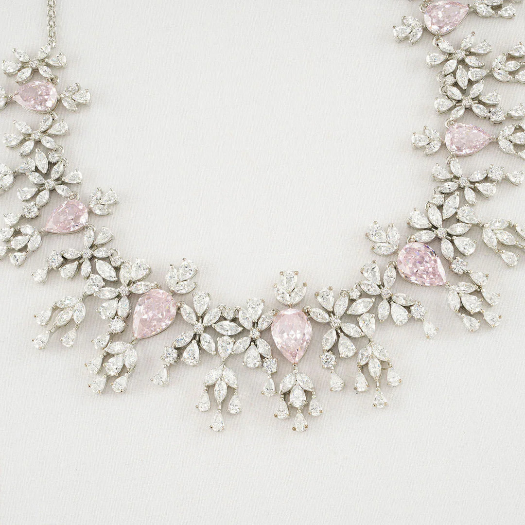 92.5 Silver CZ and Frost Pink Karishma Necklace Set