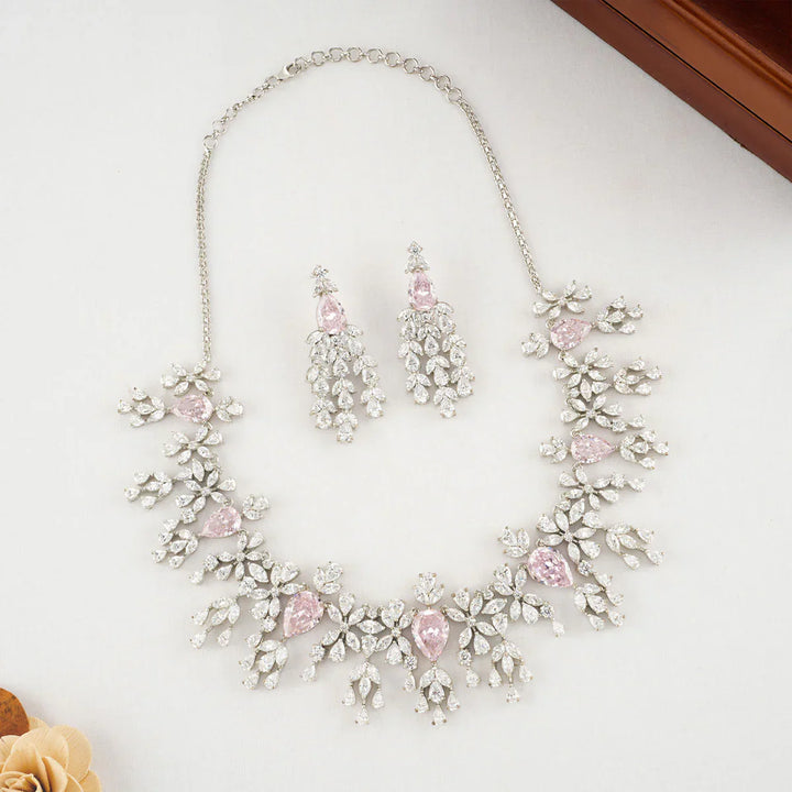 92.5 Silver CZ and Frost Pink Karishma Necklace Set