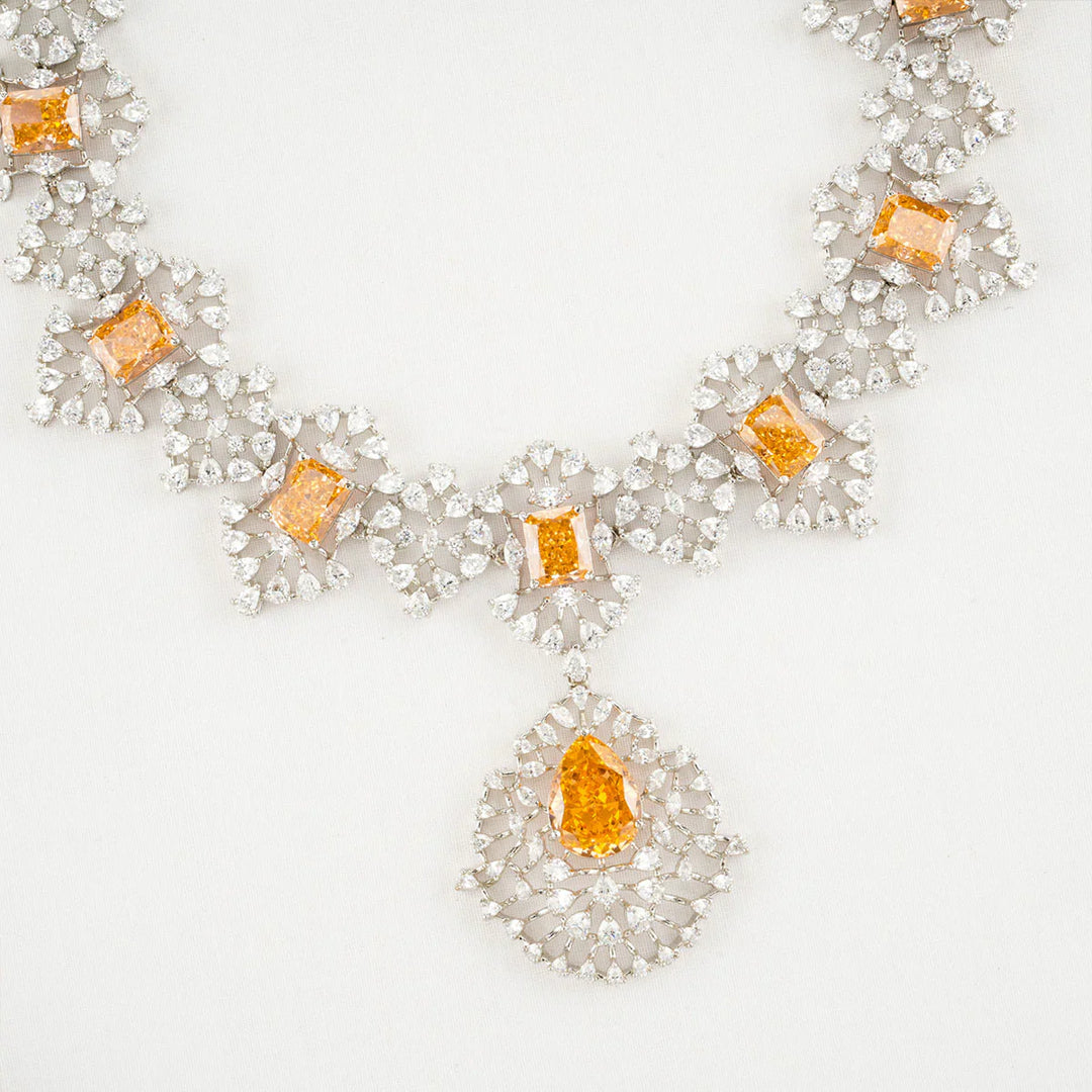 92.5 Silver CZ and Amber Color Stone Necklace Set