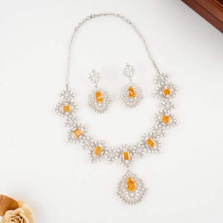 92.5 Silver CZ and Amber Color Stone Necklace Set