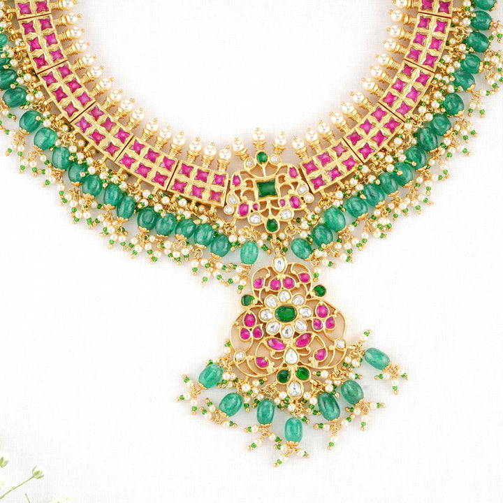 92.5 Silver 24 Ct Gold Plated  Kundan Short Necklace in pink and Green, No Earrings