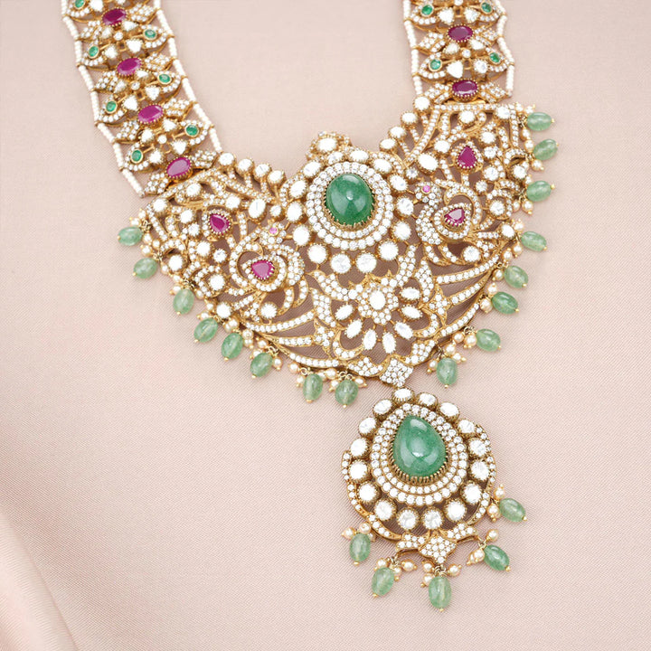 92.5 Silver Victorian Statement Necklace Set with Gemstone Details and Dangling Beads