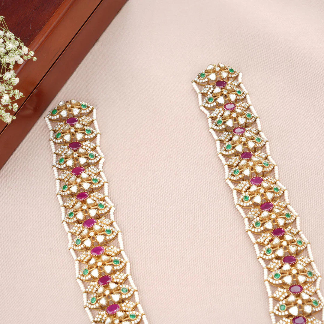 92.5 Silver Victorian Statement Necklace Set with Gemstone Details and Dangling Beads