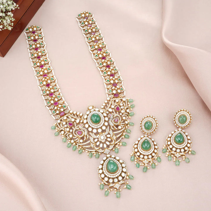 92.5 Silver Victorian Statement Necklace Set with Gemstone Details and Dangling Beads