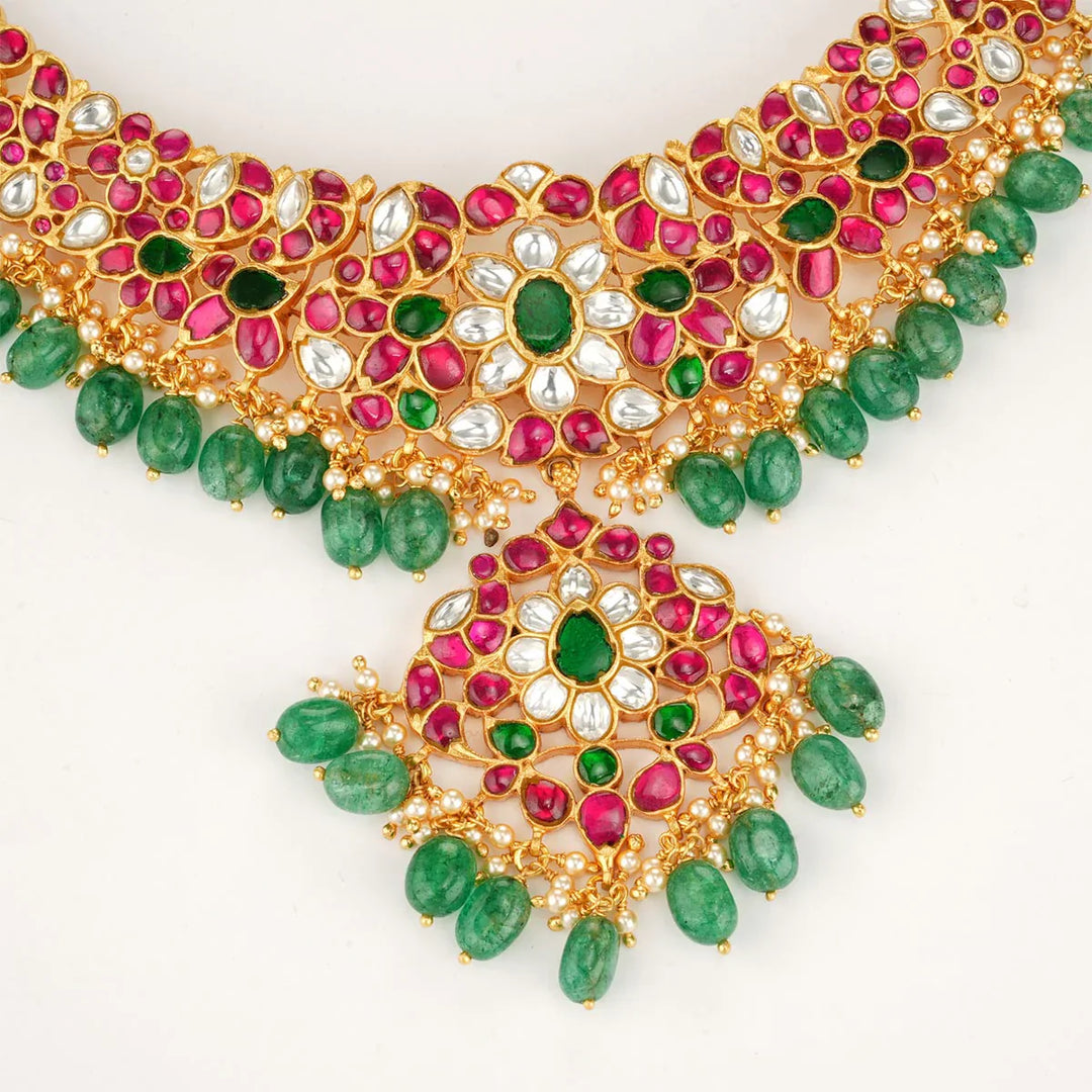 92.5 Silver, 24 kt Gold-Plated Necklace with Semi-precious Kundan Stones