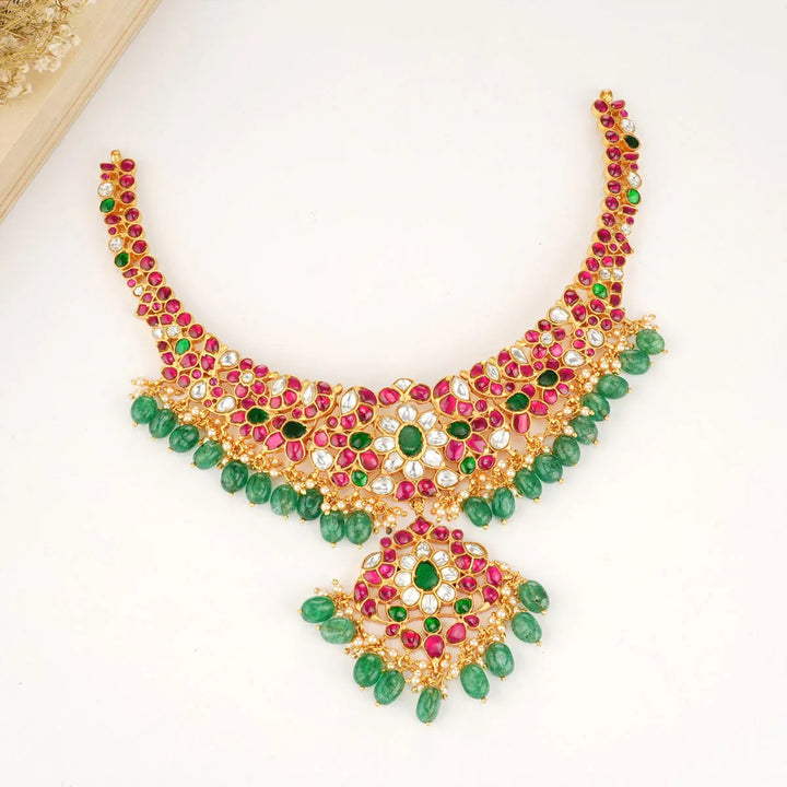 92.5 Silver, 24 kt Gold-Plated Necklace with Semi-precious Kundan Stones