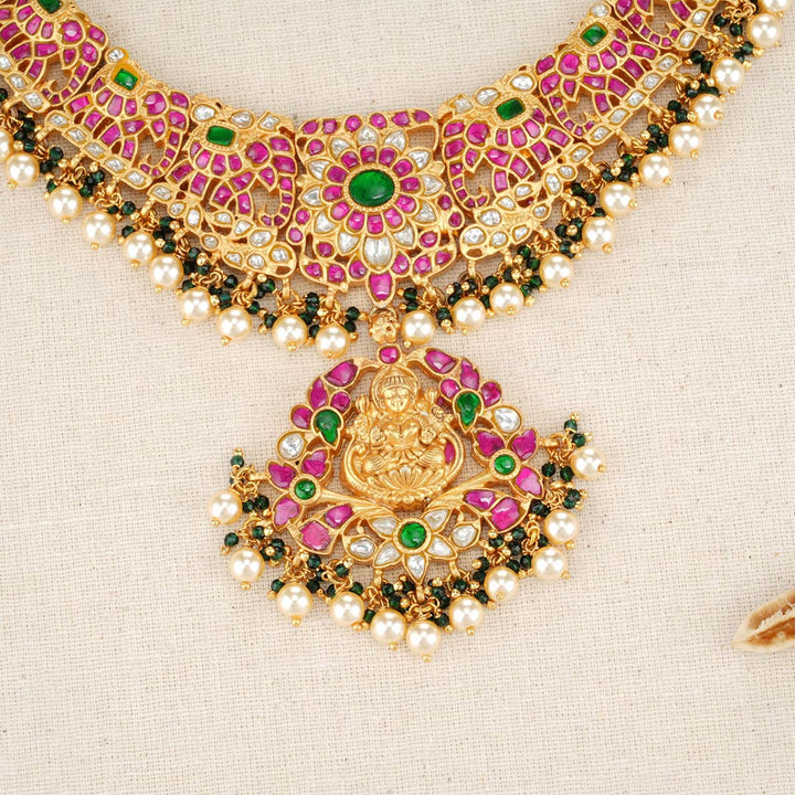 92.5 Silver, 24 kt Gold-Plated Necklace with Semi-precious Kundan Stones
