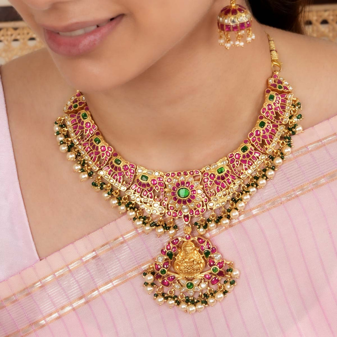 92.5 Silver, 24 kt Gold-Plated Necklace with Semi-precious Kundan Stones