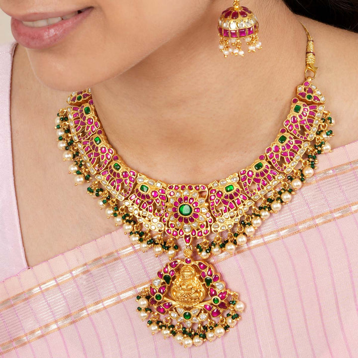 92.5 Silver, 24 kt Gold-Plated Necklace with Semi-precious Kundan Stones