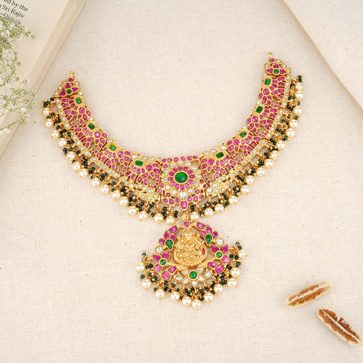 92.5 Silver, 24 kt Gold-Plated Necklace with Semi-precious Kundan Stones