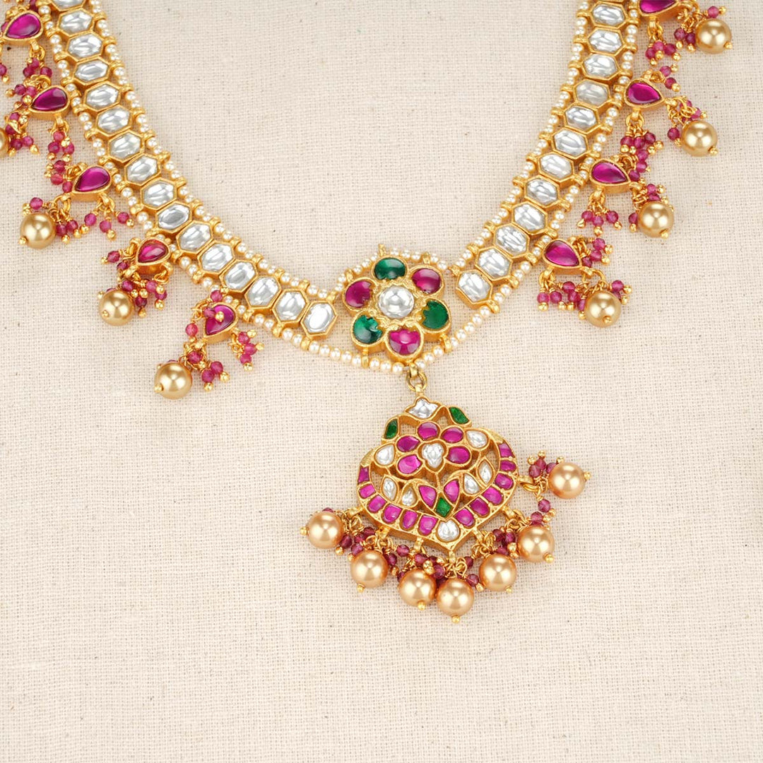 92.5 Silver, 24 kt Gold-Plated Necklace  Semi-precious Kundan Stones