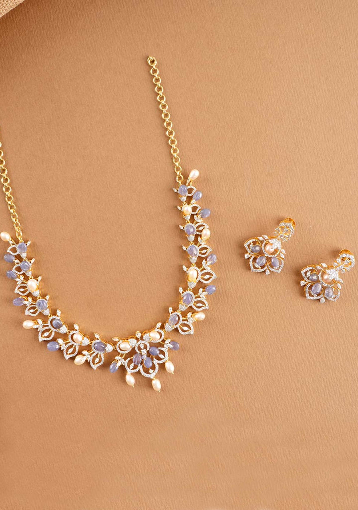 92.5 Silver 24 Ct Gold plated Lilac Dreams Diamond Look Necklace Set