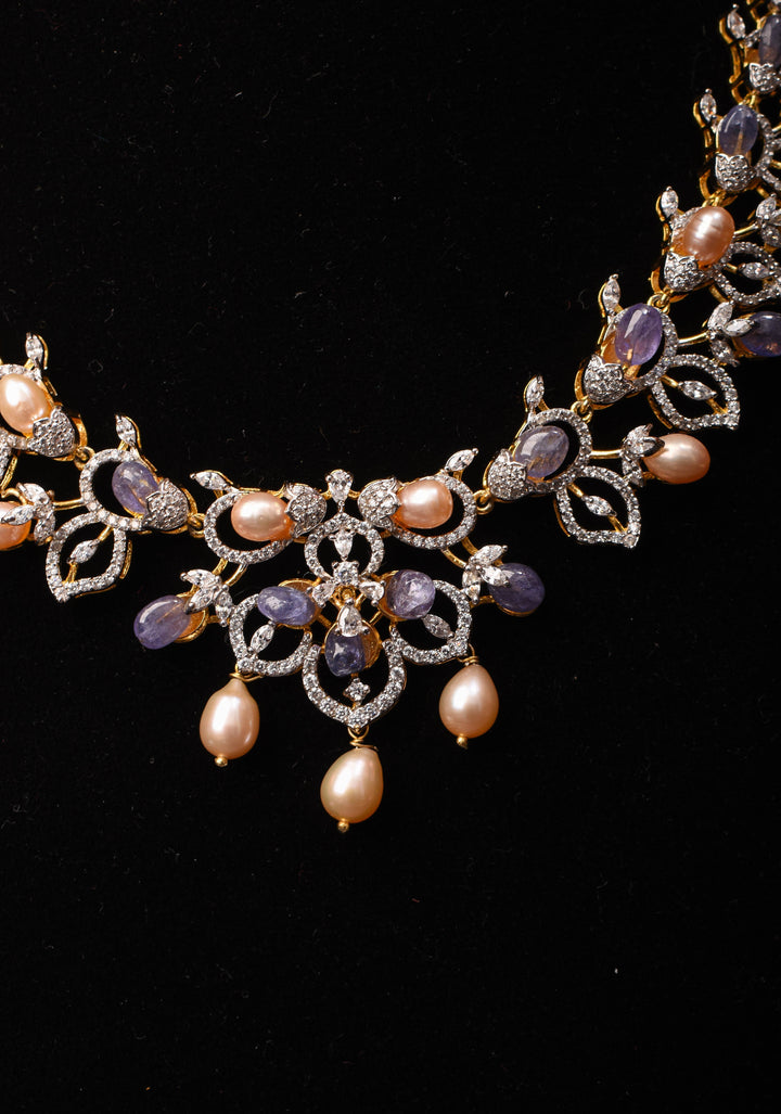 92.5 Silver 24 Ct Gold plated Lilac Dreams Diamond Look Necklace Set