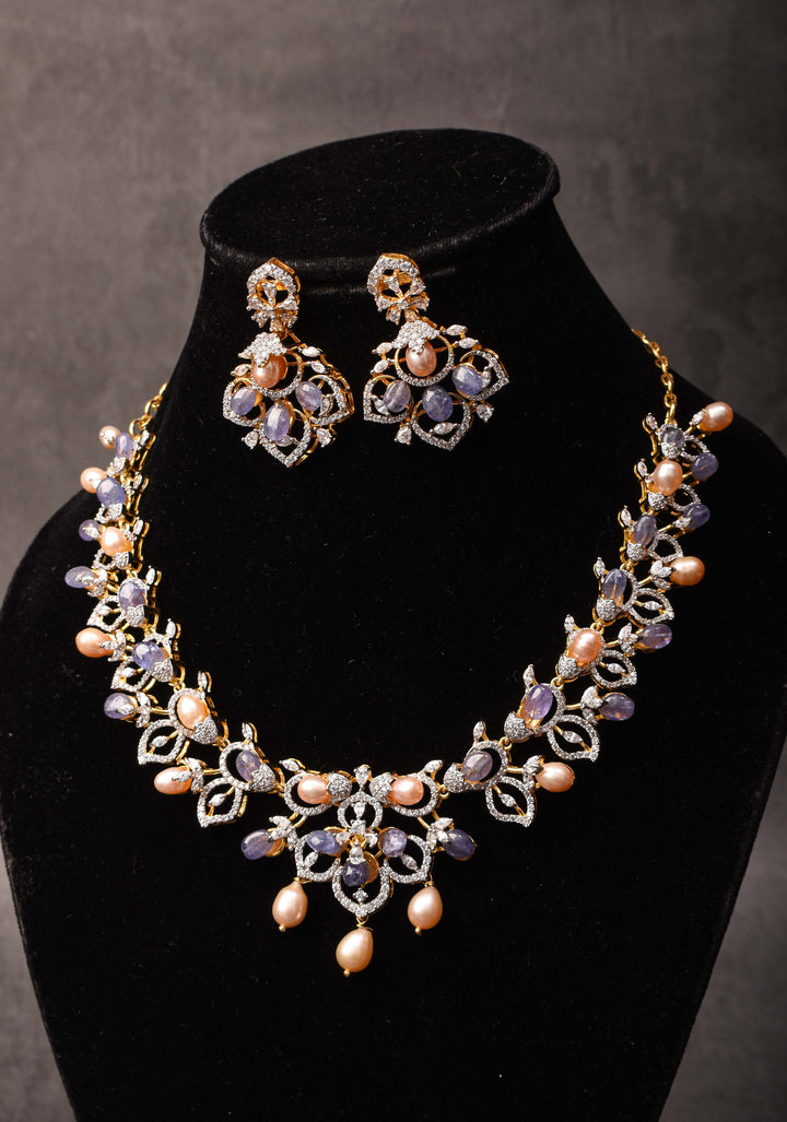 92.5 Silver 24 Ct Gold plated Lilac Dreams Diamond Look Necklace Set