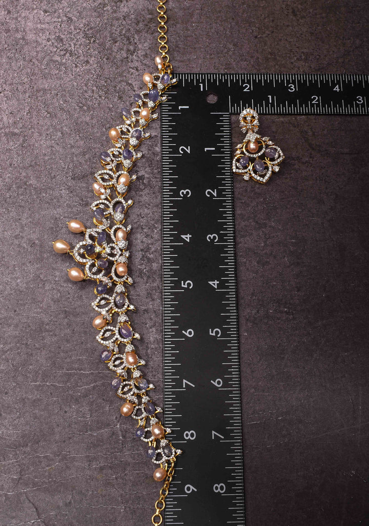 92.5 Silver 24 Ct Gold plated Lilac Dreams Diamond Look Necklace Set