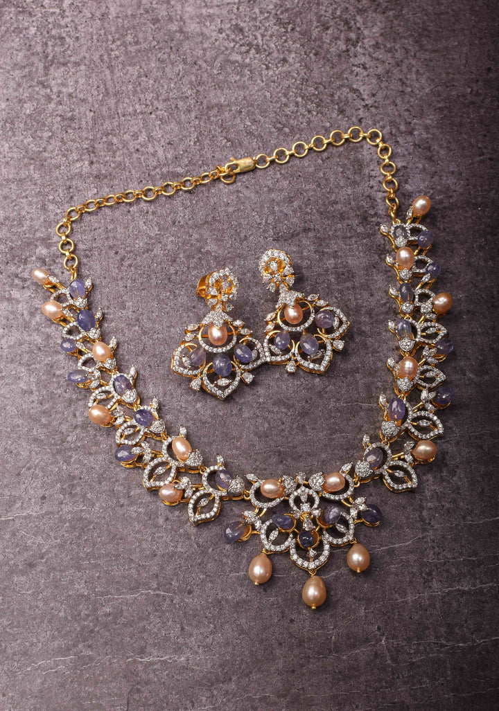 92.5 Silver 24 Ct Gold plated Lilac Dreams Diamond Look Necklace Set