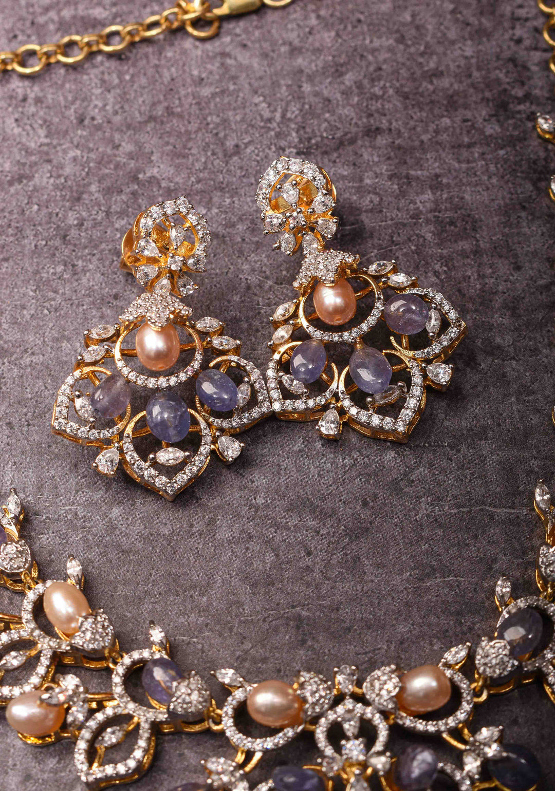 92.5 Silver 24 Ct Gold plated Lilac Dreams Diamond Look Necklace Set