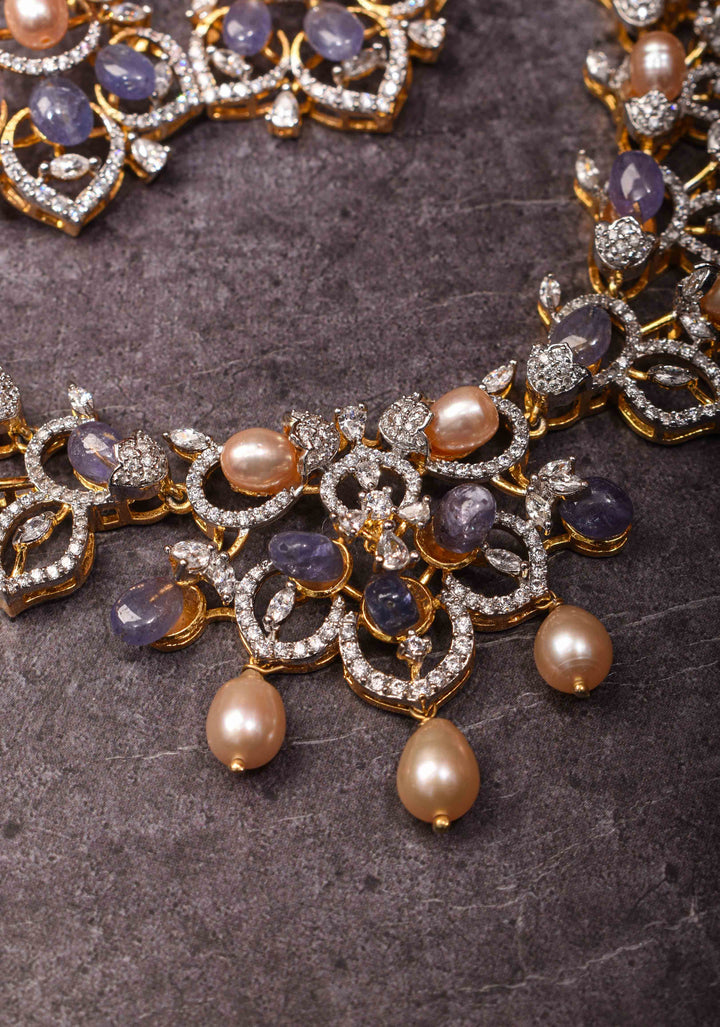 92.5 Silver 24 Ct Gold plated Lilac Dreams Diamond Look Necklace Set