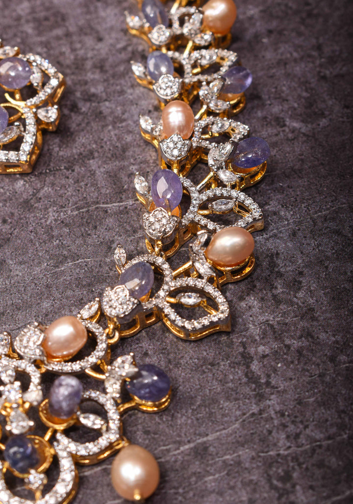 92.5 Silver 24 Ct Gold plated Lilac Dreams Diamond Look Necklace Set