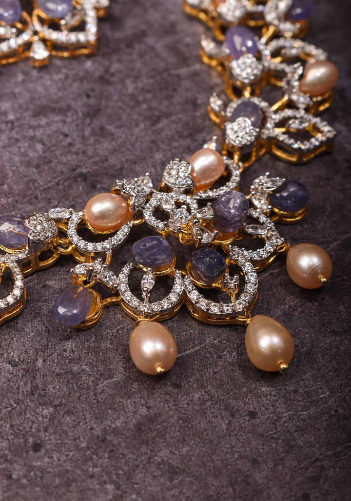 92.5 Silver 24 Ct Gold plated Lilac Dreams Diamond Look Necklace Set
