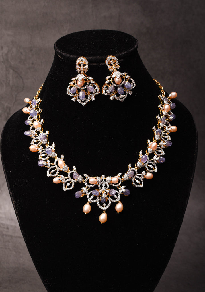 92.5 Silver 24 Ct Gold plated Lilac Dreams Diamond Look Necklace Set