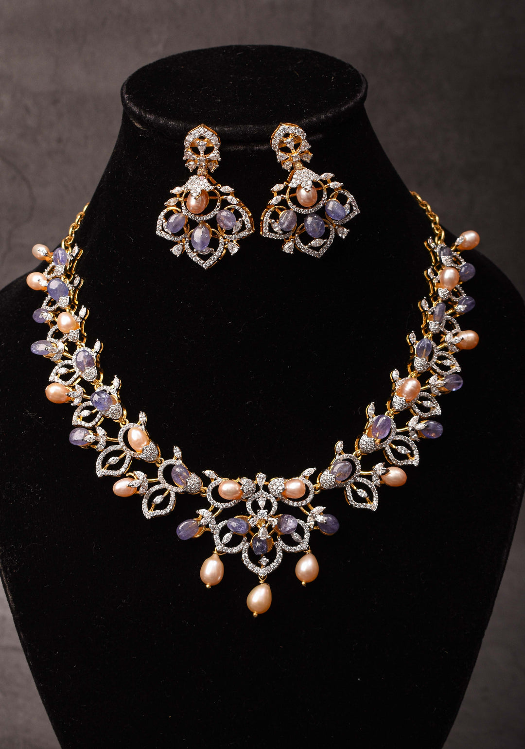 92.5 Silver 24 Ct Gold plated Lilac Dreams Diamond Look Necklace Set