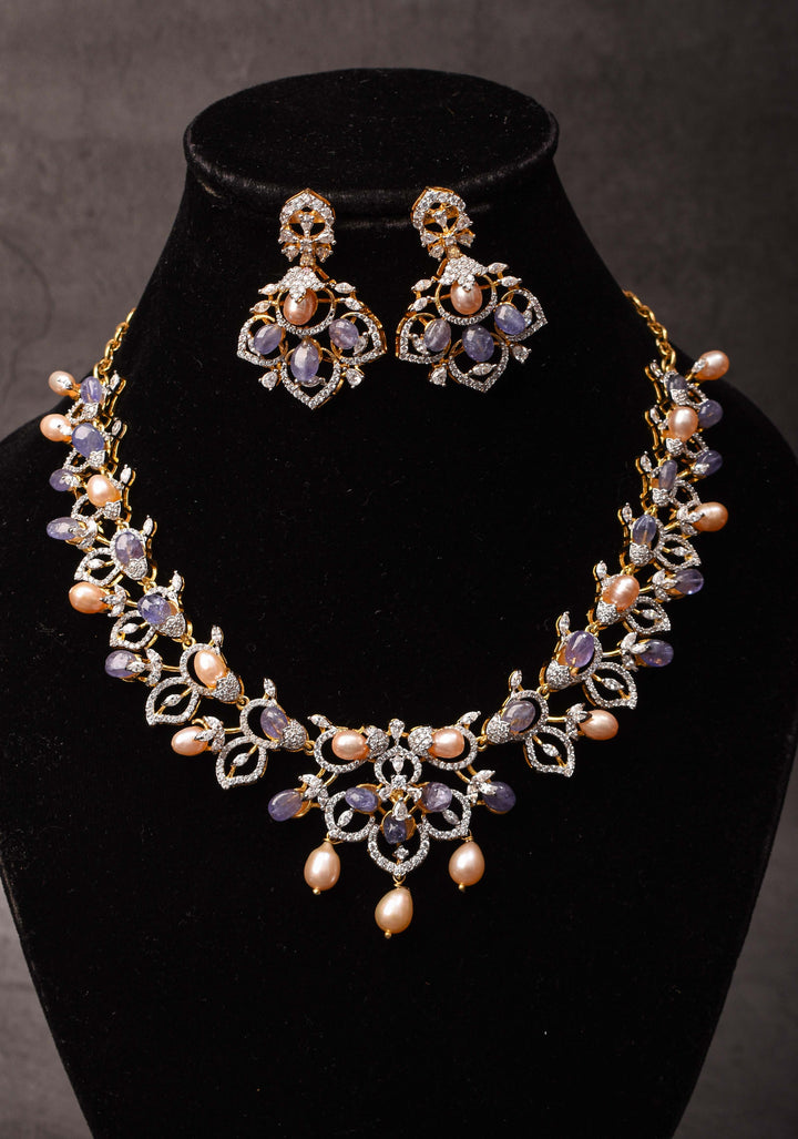 92.5 Silver 24 Ct Gold plated Lilac Dreams Diamond Look Necklace Set