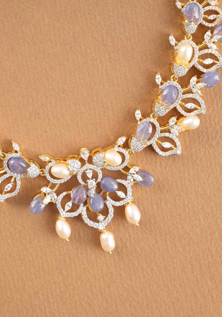 92.5 Silver 24 Ct Gold plated Lilac Dreams Diamond Look Necklace Set