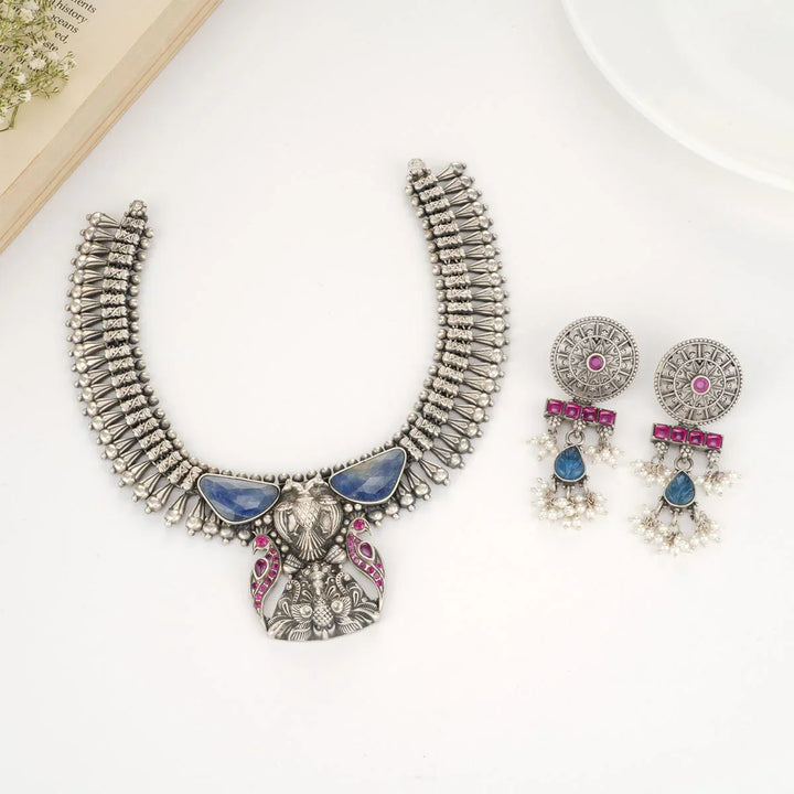 92.5 Silver Aarvi Oxidised Necklace Set