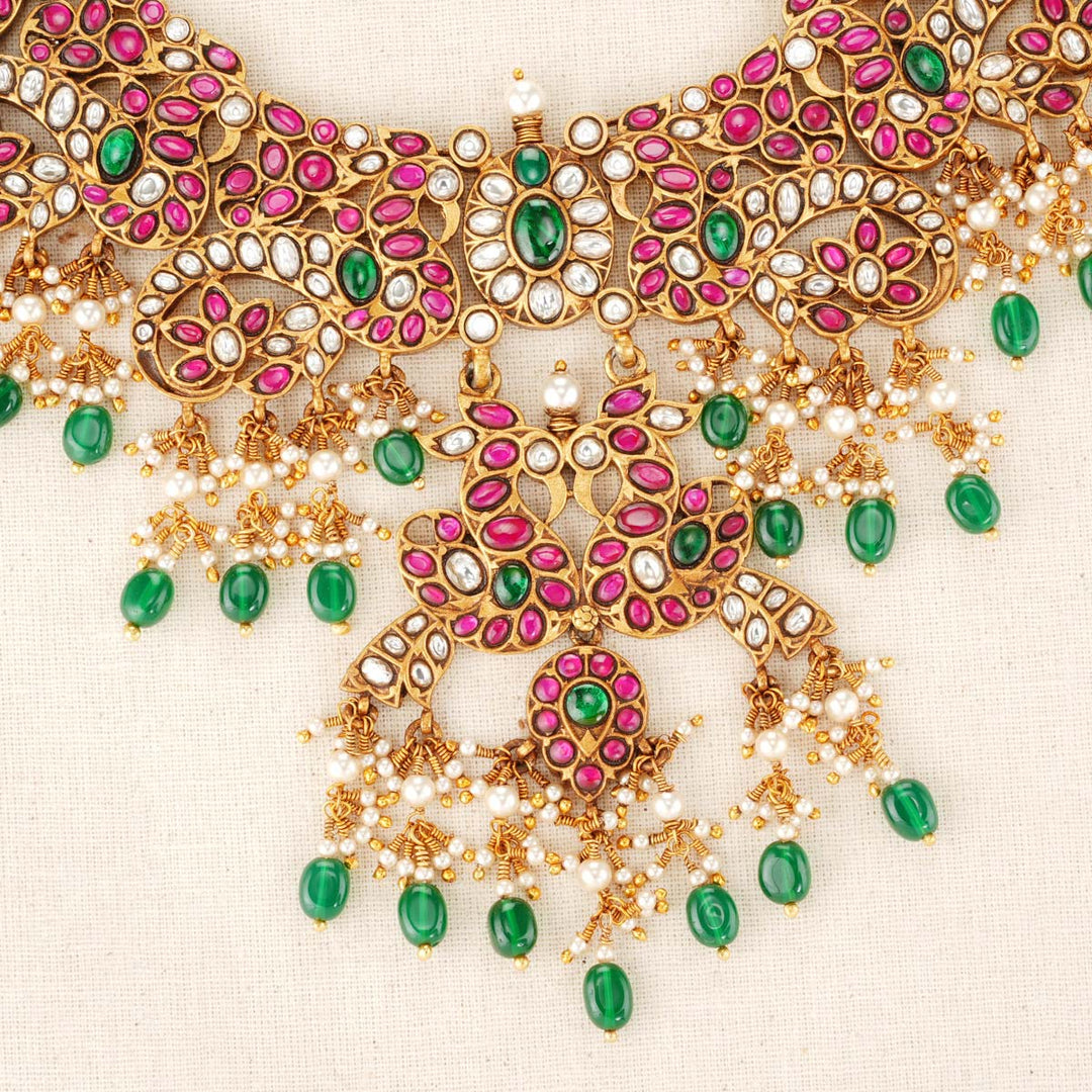 92.5 Silver Peacock Motif Traditional  Kundan Short Necklace with dangling beads