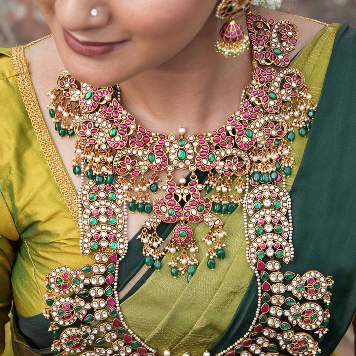 92.5 Silver Peacock Motif Traditional  Kundan Short Necklace with dangling beads