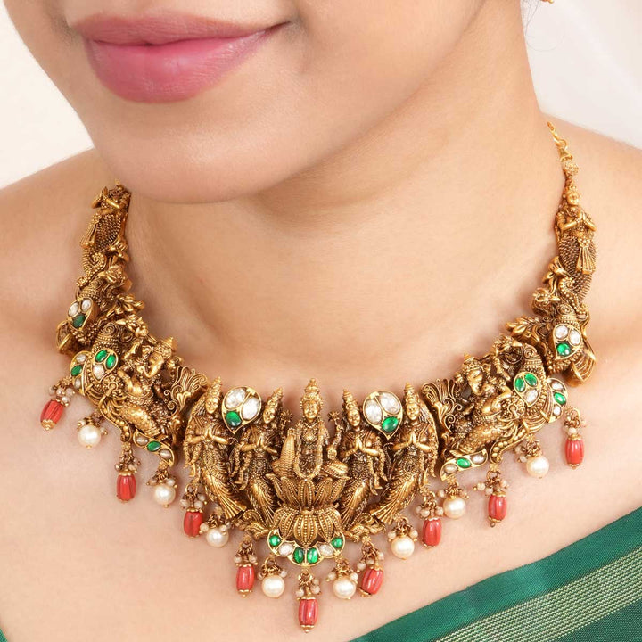 92.5 Silver, Gold Plated Nithyalakshmi Nagas Short Necklace