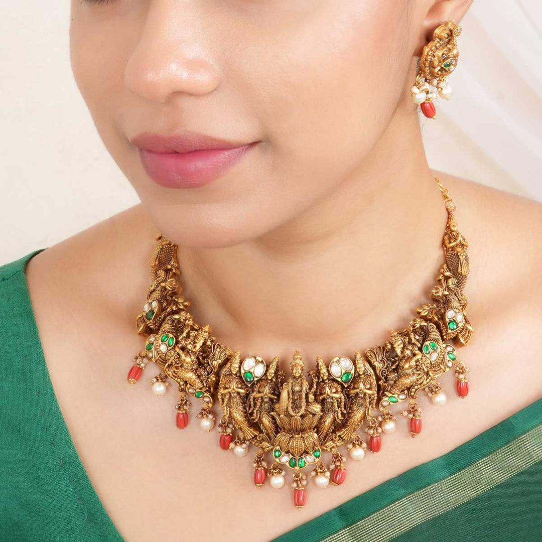 92.5 Silver, Gold Plated Nithyalakshmi Nagas Short Necklace