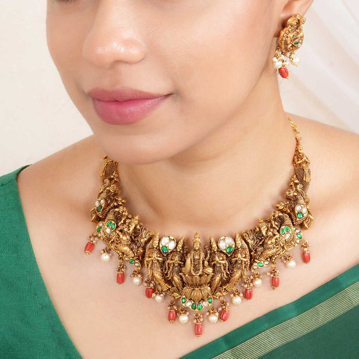 92.5 Silver, Gold Plated Nithyalakshmi Nagas Short Necklace