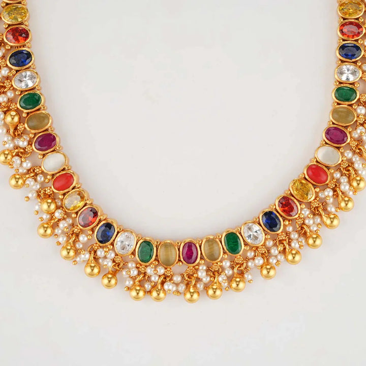 92.5 Silver, 24 kt Gold-Plated Beautiful Navaratna Short Necklace