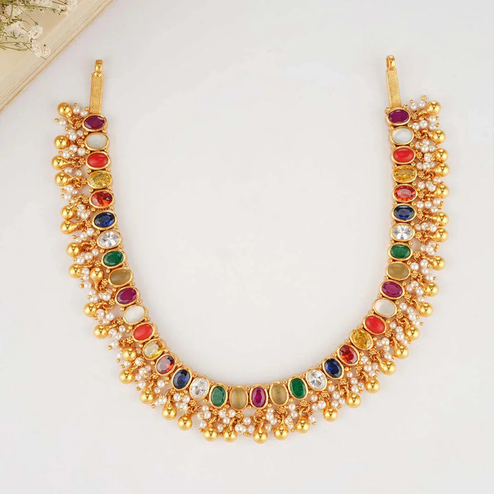92.5 Silver, 24 kt Gold-Plated Beautiful Navaratna Short Necklace