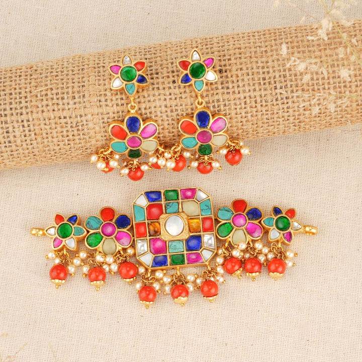 Navaratna 92.5 Silver, 24 kt Gold-Plated Radiant Kundan Choker Set