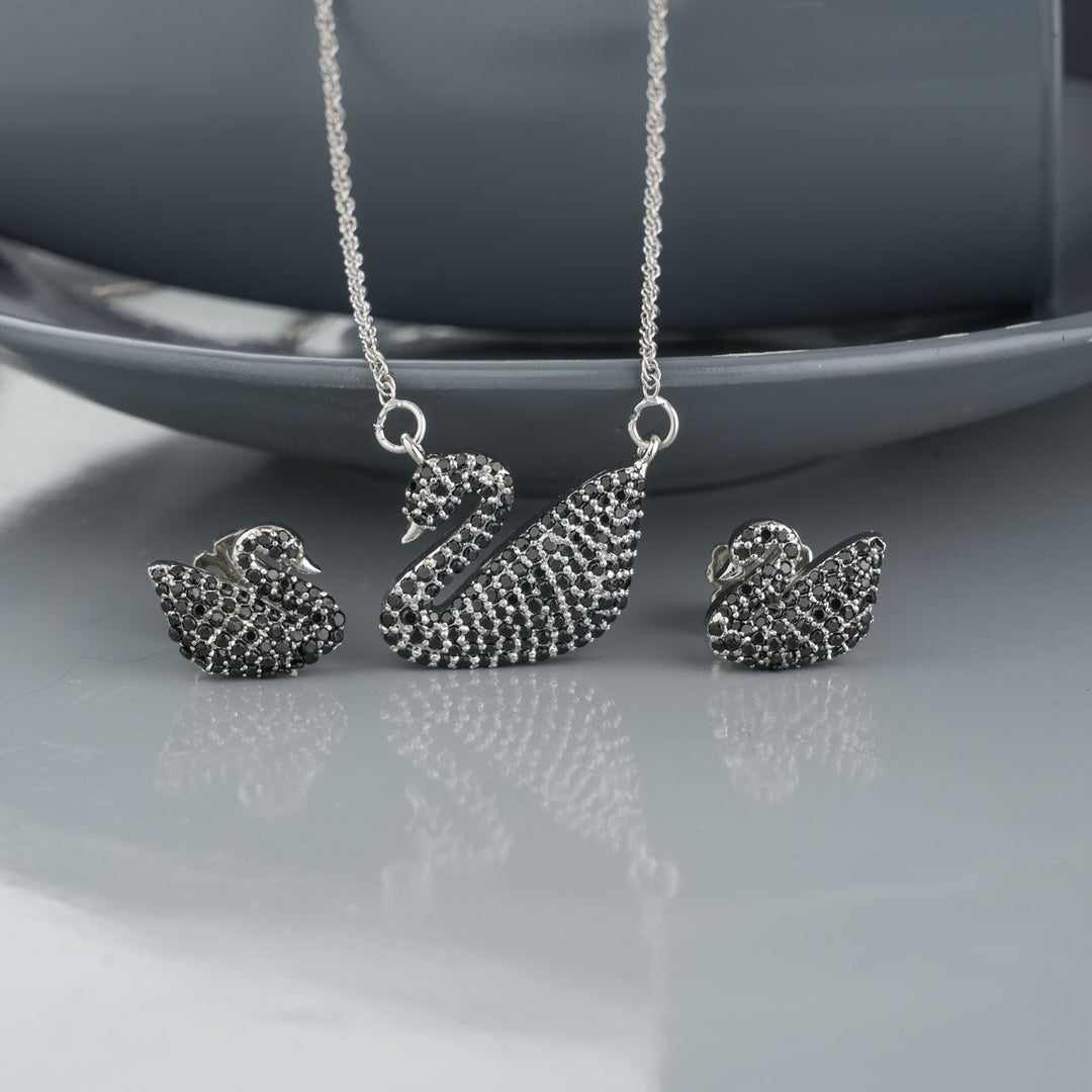 Pure 92.5 Silver Black Swan Pendant Set | SHOBITAM