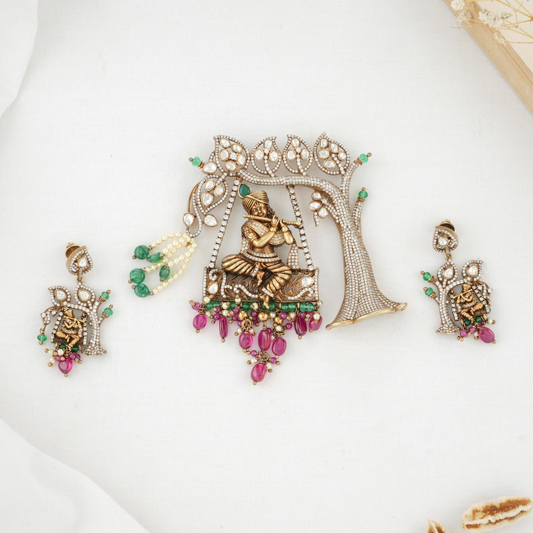 Pure 92.5 Silver Graceful Krishna Victorian Pendant set
