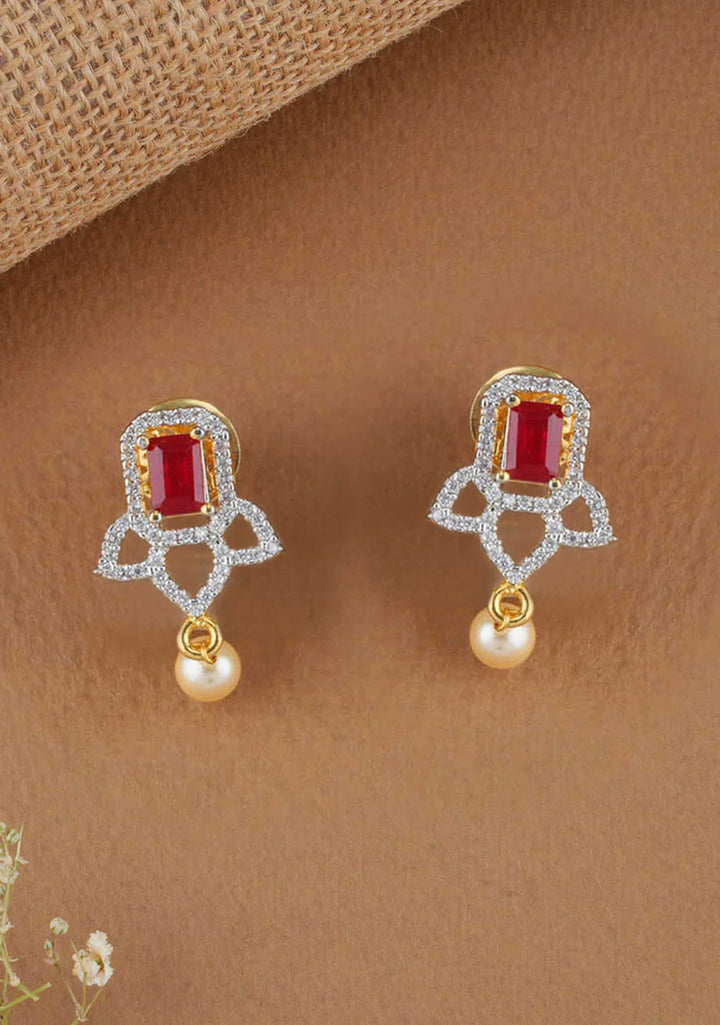 92.5 Silver Gold plated White and Red Stone Peacock  Pendant and earrings Set, No chain
