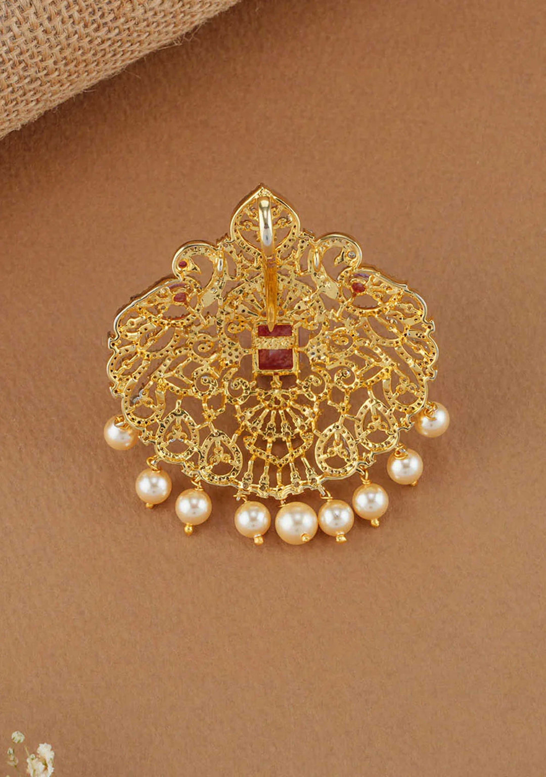 92.5 Silver Gold plated White and Red Stone Peacock  Pendant and earrings Set, No chain
