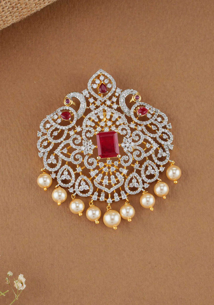 92.5 Silver Gold plated White and Red Stone Peacock  Pendant and earrings Set, No chain